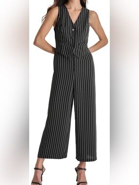 DKNY Jumpsuit Black Wide-Leg Pinstripe